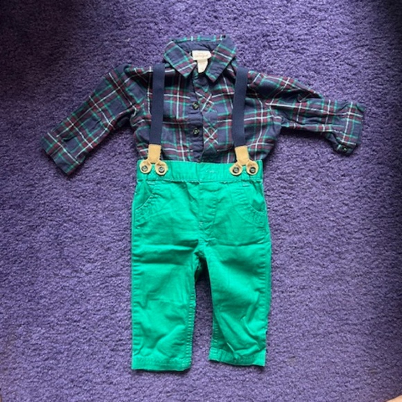 Cat & Jack 3 piece button up shirt, pants with suspenders and sweater vest- 6-9M - Picture 2 of 5